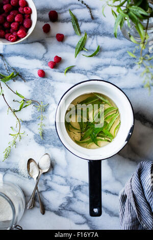 Verbena leaf infusion in a pan, with raspberries. Stock Photo