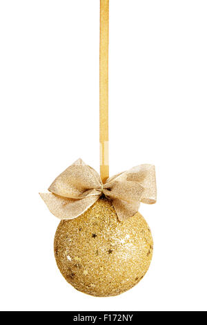 Gold Christmas ball with bow isolated on white background Stock Photo