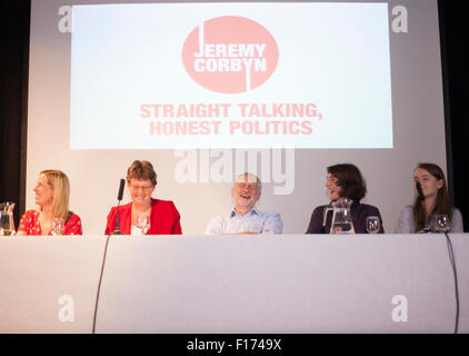 Exeter Devon UK 28 August 2015 Jeremy Corbyn laughing happy Rally With a panel of Exeter local Labour Party Leadership and members Stock Photo