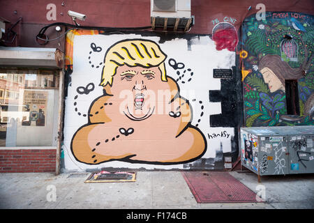 New York, New York, USA. 28th Aug, 2015. A mural by the street artist Hanksy on the Lower East Side of New York depicts businessman and presidential candidate Donald Trump as a pile of excrement with flies buzzing about, seen on Friday, August 28, 2015. Hanksy is known for his pun filled artwork many featuring Tom Hanks. Credit:  Richard Levine/Alamy Live News Stock Photo