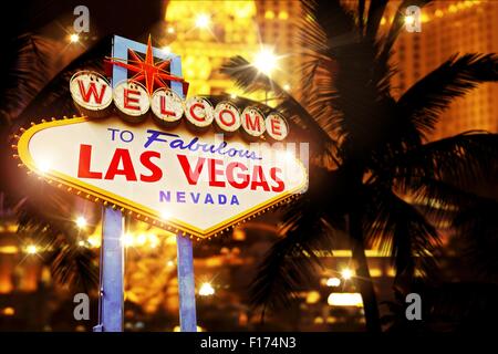 Hot Night in Las Vegas. Vegas Heat Concept Image with Las Vegas Welcome Sign and Strip Lights. Stock Photo