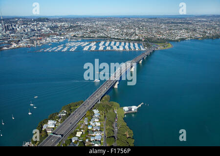 Auckland Harbour Bridge and Waitemata Harbour, Auckland, North Island, New Zealand - aerial Stock Photo