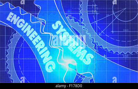 Systems Engineering on Blueprint of Cogs. Technical Drawing Style. 3d illustration with Glow Effect. Stock Photo