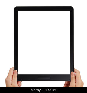 female hands holding a tablet touch computer gadget on white background Stock Photo