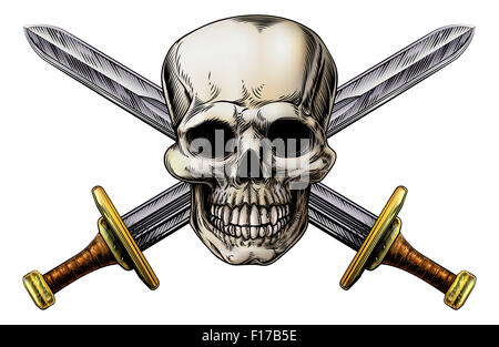 Skull and cross swords pirate symbol in a vintage woodblock style Stock Photo