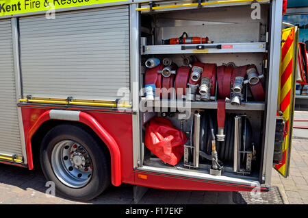 Maidstone, Kent, England, UK. Hoses in the back of a fire truck Stock Photo