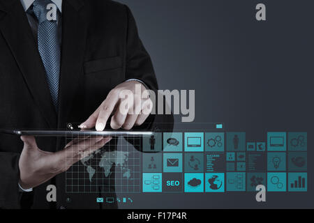 businessman hand working with www. written in search bar on modern computer interface Stock Photo