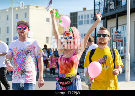 Margate, Kent, UK. 29th August, 2015. Participants celebrate during the Kent Pride march in the seaside town of Margate. Alamy Live News/Photographer: Credit:  Gordon Scammell Stock Photo