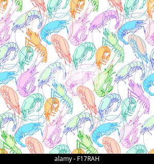 Shrimps. Seamless pattern background. Orange, pink, blue, green pastel color linear drawing on white. Drawn illustration, sketch Stock Vector