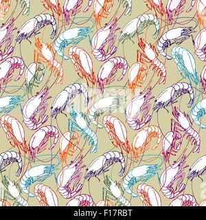 Shrimps. Seamless pattern background. Orange, red, purple, blue color linear drawing on beige. Drawn illustration, sketch Stock Vector