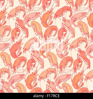 Shrimps. Seamless pattern background. Orange, red color linear drawing on beige. Drawn illustration, sketch, doodle Stock Vector