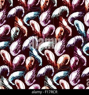 Shrimps. Seamless pattern background. Orange, purple, blue color linear drawing on dark brown. Drawn illustration, sketch Stock Vector