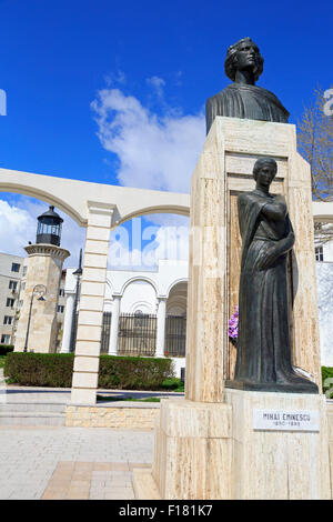 Genoese Lighthouse & Mihai Eminescu Statue, Constanta, Dobruja Region, Romania Stock Photo