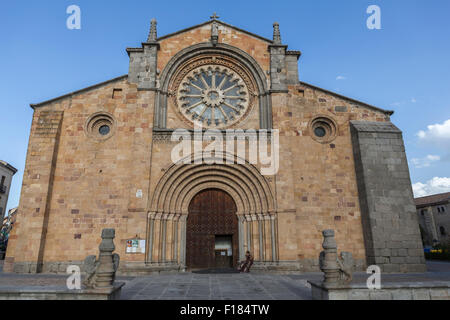 Avila, SPAIN - 10 august 2015: Santa Teresa Square, Front of the Church of San Pedro, main facade stands out its Cistercian rose Stock Photo