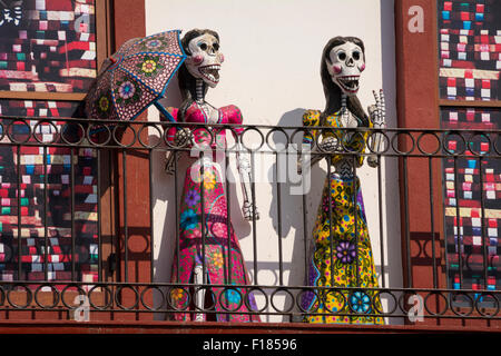 Day of the Dead figures on apartment balcony in Zona Romantica, Puerto Vallarta, Jalisco, Mexico. Stock Photo