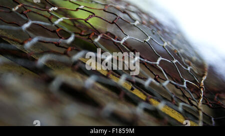 Side view of rusty chicken wire on wooden tiles Stock Photo