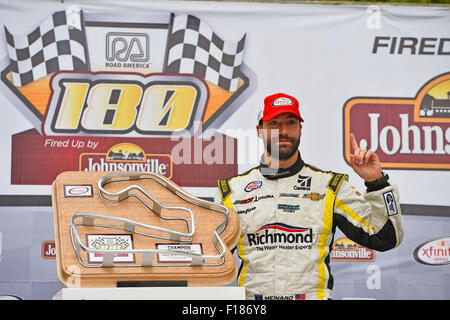 Elkhart Lake, WI, USA. 29th Aug, 2015. Elkhart Lake, WI - Aug 29, 2015: Paul Menard (33) celebrates in victory lane after winning the Road America 180 Fired up by Johnsonville in the Richmond/Menards Chevy at Road America in Elkhart Lake, WI. © csm/Alamy Live News Stock Photo