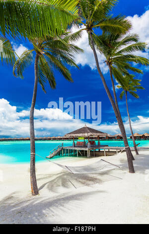Empty hammock between palm trees on tropical beach with vibrant blue sky Stock Photo
