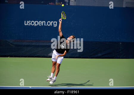 New York, USA. 29th Aug, 2015. France's Richard Gasquet serves during a practice session at the Billie Jean King USTA National Tennis Center at Flushing Meadows, New York on Saturday, August 29th, 2015.  He is preparing for the U.S. Open which begins on Monday.  Gasquet is seeded 12th. Credit:  Adam Stoltman/Alamy Live News Stock Photo