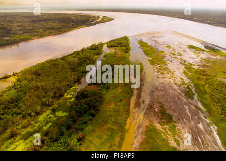Amazon River aerial, with settlements and secondary rainforest, near Iquitos, Peru