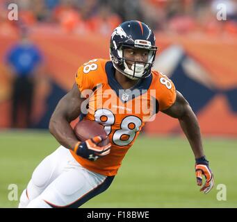 Denver, Colorado, USA. 29th Aug, 2015. Broncos WR DEMARYIUS THOMAS runs for yardage after making a catch during the 1st. Half at Sports Authority Field at Mile High Saturday night. the Broncos beat the 49ers in Pre-Season play 19-12. Credit:  Hector Acevedo/ZUMA Wire/Alamy Live News Stock Photo