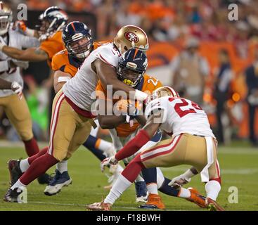 Denver, Colorado, USA. 29th Aug, 2015. Broncos RB C.J. ANDERSON runs for tough yardage against the 49ers Defense during the 1st. Half at Sports Authority Field at Mile High Saturday night. the Broncos beat the 49ers in Pre-Season play 19-12. Credit:  Hector Acevedo/ZUMA Wire/Alamy Live News Stock Photo