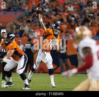 Denver, Colorado, USA. 29th Aug, 2015. Broncos QB PEYTON MANNING, center, throws a pass to a team mate during the 1st. Half at Sports Authority Field at Mile High Saturday night. the Broncos beat the 49ers in Pre-Season play 19-12. Credit:  Hector Acevedo/ZUMA Wire/Alamy Live News Stock Photo