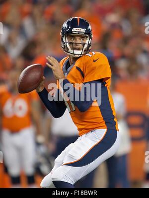 Denver, Colorado, USA. 29th Aug, 2015. Broncos QB BROCK OSWEILER looks to the side line for a pass during the 2nd. Half at Sports Authority Field at Mile High Saturday night. the Broncos beat the 49ers in Pre-Season play 19-12. Credit:  Hector Acevedo/ZUMA Wire/Alamy Live News Stock Photo