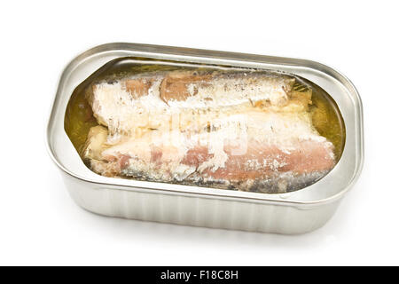 Sardines in opened tin can isolated on white Stock Photo