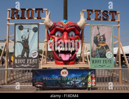 Denver, Colorado, USA. 29th Aug, 2015. Riot Fest Denver Concert goers get welcomed by this display while entering the grounds during Riot Fest in Denver. Riot Fest Denver will end Sunday Evening. Credit:  Hector Acevedo/ZUMA Wire/Alamy Live News Stock Photo