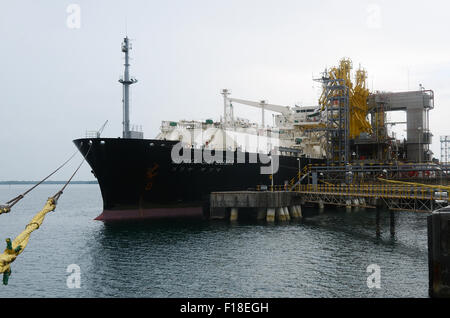 Tanker LNG loading gas from terminal in the seaport at LNG base Station Stock Photo