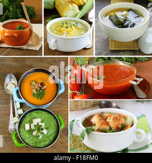 collage menu different soups (tomato, pumpkin, miso, spinach) Stock Photo
