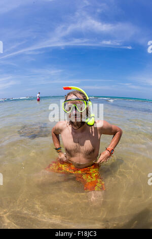 Happy diving man in a swimming mask and snorkel. Funny picture. Stock Photo