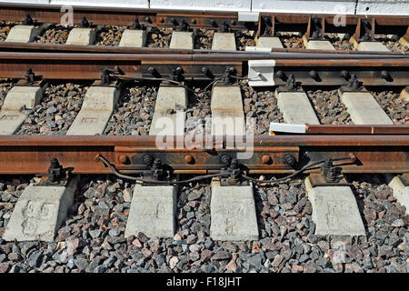 Arrow Rails. Rail and concrete sleepers closeup Stock Photo - Alamy