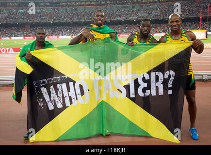 Beijing, China. 29th Aug, 2015. Jamaica's relay team with (L-R) Nesta Carter, Usain Bolt, Nickel Ashmeade and Asafa Powell, celebrate after winning the the 4 x 100m Relay final at the 15th International Association of Athletics Federations (IAAF) Athletics World Championships at the National Stadium, also known as Bird's Nest, in Beijing, China, 29 August 2015. Credit:  dpa picture alliance/Alamy Live News Stock Photo