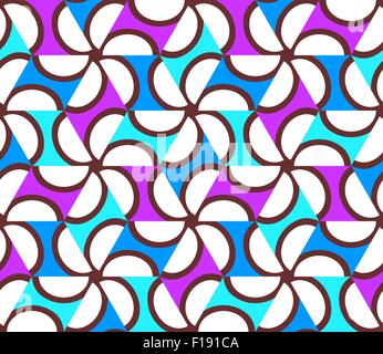 Geometric abstract seamless pattern motif background. Colorful white shapes of semicircles and purple, blue, teal triangles Stock Vector