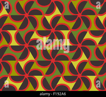 Geometric abstract seamless pattern motif background. Colorful shapes of red, dark brown semicircles and green triangles Stock Photo