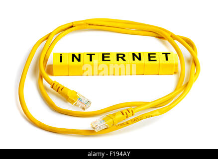 Internet cable cat.5 UPD with RJ45 plug connection Stock Photo