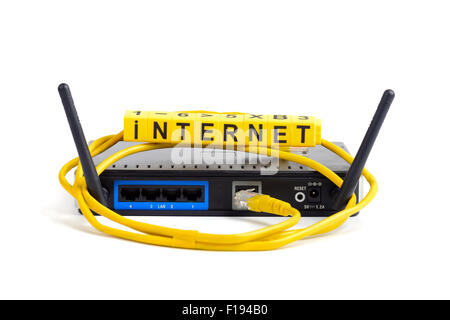wireless wi-fi router with two antennas cable and sign isolated Stock Photo