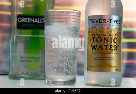 Fever-Tree premium Indian tonic water, London with bottle of gin Stock Photo