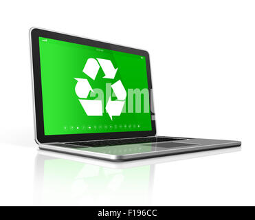 Laptop computer with a recycling symbol on screen. environmental ...