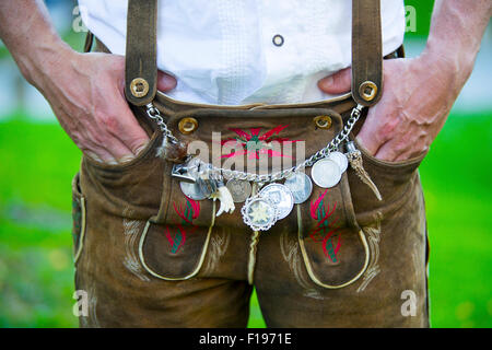 closeup of man wearing traditional bavarian leather pants Stock Photo