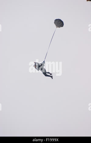 Blackpool, UK. 30th August, 2015. A cloudy morning in Blackpool but the conditions are almost perfect for the 'Base jumpers' taking their leap of faith off a 320 foot high crane on Blackpool's beach. Credit: Gary Telford/Alamy live news Stock Photo