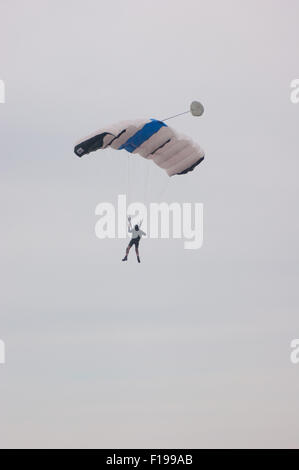 Blackpool, UK. 30th August, 2015. A cloudy morning in Blackpool but the conditions are almost perfect for the 'Base jumpers' taking their leap of faith off a 320 foot high crane on Blackpool's beach. Credit: Gary Telford/Alamy live news Stock Photo