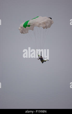 Blackpool, UK. 30th August, 2015. A cloudy morning in Blackpool but the conditions are almost perfect for the 'Base jumpers' taking their leap of faith off a 320 foot high crane on Blackpool's beach. Credit: Gary Telford/Alamy live news Stock Photo