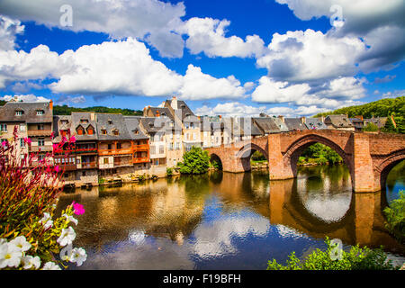 Espalion - with famous Pont-Vieux (old bridge)- World Heritage Sites of the Routes of Santiago de Compostela in France. Stock Photo