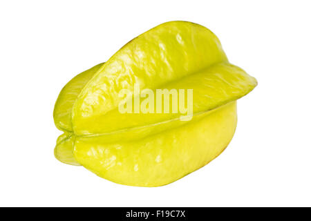 Close-up of a whole ripe carambola (starfruit), isolated on white background. Stock Photo