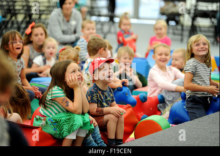 Bolton, UK. 30th Aug, 2015. The 10th annual Bolton Food and Drink Festival, Victoria Square, Bolton, Lancashire. Children's BBC presenter Katy Ashworth entertains the youngsters. Credit:  Paul Heyes/Alamy Live News Stock Photo