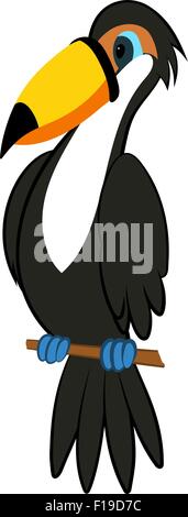 Funny Cartoon Character Toucan Sitting on a Brunch Tree Over White Background. Hand Drawn in Perspective Elegant Cute Design. Tropical and Zoo  Fauna. Vector illustration. Stock Vector