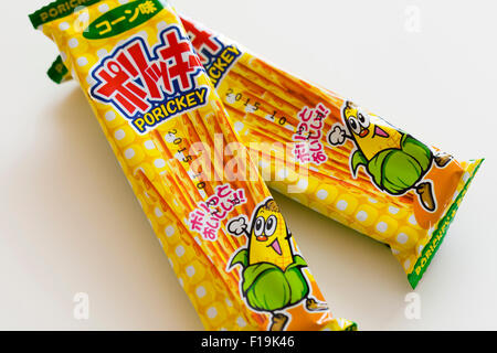 Porickey corn flavored pretzel sticks in Japanese packaging Stock Photo